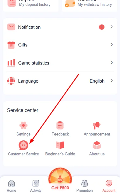 click customer service option on the account page
